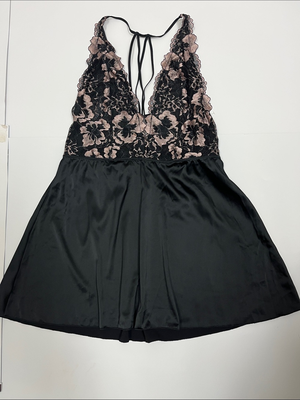 Auden Black Satin Chemise with Blush Floral Lace Bodice